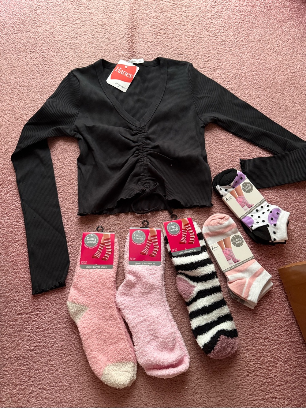 Hanes Black Ruched V-Neck Ribbed Long Sleeve Top and Socks